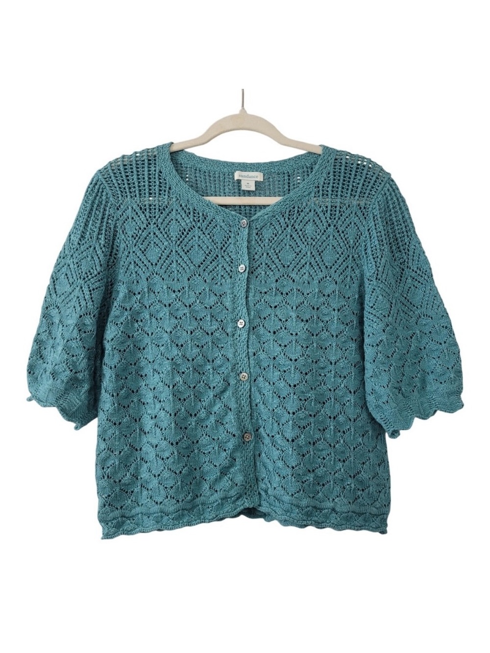 Sundance Jocelyn Cardigan Size M Teal Cropped Open Knit Button Front Cottagecore